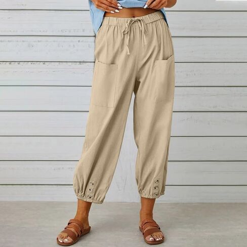 Women's Cotton Linen Pants Drawstring Loose Fit Trousers Casual Summer Beach Button Cuff Lounge Pants with Pockets in Kuwait