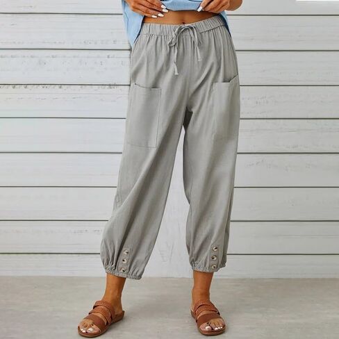 Women's Cotton Linen Pants Drawstring Loose Fit Trousers Casual Summer Beach Button Cuff Lounge Pants with Pockets in Kuwait