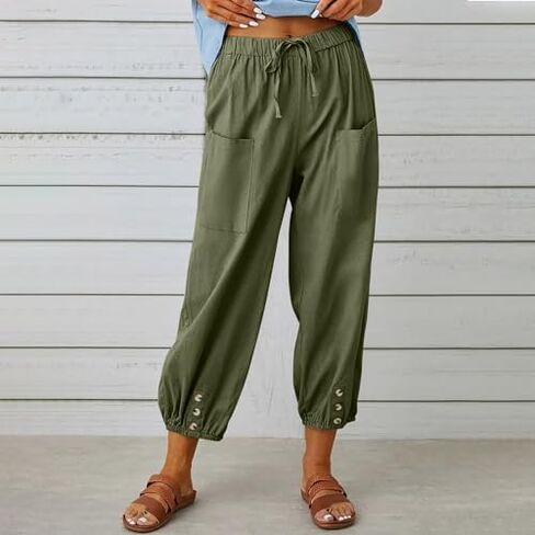 Women's Cotton Linen Pants Drawstring Loose Fit Trousers Casual Summer Beach Button Cuff Lounge Pants with Pockets in Kuwait