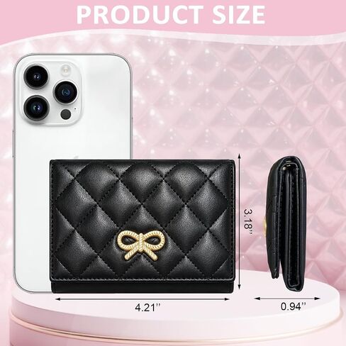 Sunwel Fashion Quilted Wallets Girls Cute Coquette Bow Small Wallet Card Holder ID Window Purse for Women (BLACK) in Saudi Arabia