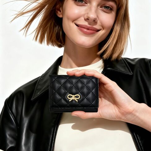 Sunwel Fashion Quilted Wallets Girls Cute Coquette Bow Small Wallet Card Holder ID Window Purse for Women (BLACK) in Saudi Arabia