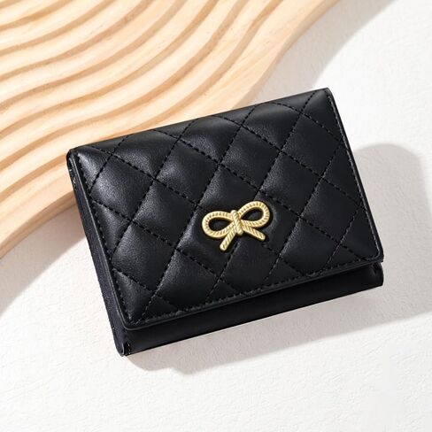 Sunwel Fashion Quilted Wallets Girls Cute Coquette Bow Small Wallet Card Holder ID Window Purse for Women (BLACK) in Saudi Arabia