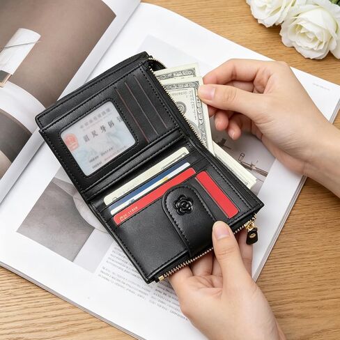 Honbay 1Pack Elegance Small Leather Wallet Fashion RFID Blocking Bifold Purse Compact Transparent Window Card Holder for Credit Card, Bills, Driving Licence (Black) in Saudi Arabia