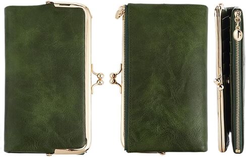 PH PandaHall Vintage PU Leather Wallet for Women Kiss Lock Billfold Dark Green Compact Bifold Clutch Purse Card Holder with Zipper Pocket Rectangle Retro Leather Pouches for Daily Use, 4.3x7.6inch in Kuwait