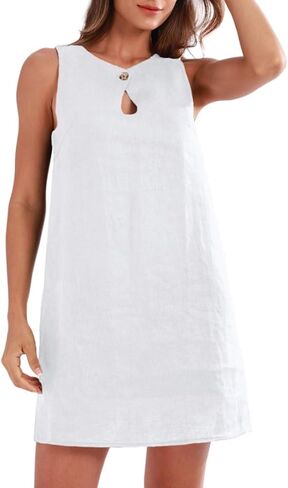Amazhiyu Women's 100% Linen A-Line Mini Tank Dress Sleeveless with Keyhole Back in Kuwait