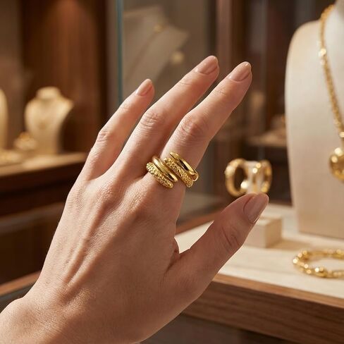 2Pcs Gold Statement Rings for Women Twisted Stackable Gold Band Ring Set Polish Wavy Fashion Trendy Stacking Rings Jewelry Gift in Kuwait
