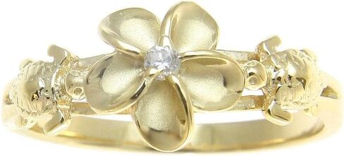 Arthur's Jewelry Yellow gold plated sterling silver 925 Hawaiian plumeria flower cz sea turtle ring size 3 to 10 in Saudi Arabia