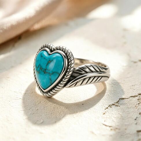 Genuine Heart Turquoise Leaf Rings for Women 925 Sterling Silver Vintage Boho Native American Western Blue Gemstone Jewelry for Her in Size in Saudi Arabia