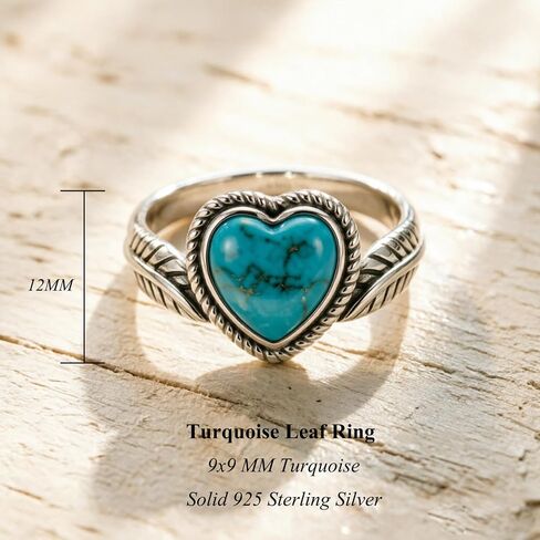 Genuine Heart Turquoise Leaf Rings for Women 925 Sterling Silver Vintage Boho Native American Western Blue Gemstone Jewelry for Her in Size in Saudi Arabia