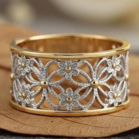 Vintage Two-color Hollowed Out Flower Wide Ring, for Women's Daily Commuting, Vacation, and Gatherings, Exuding A Gentle and Elegant Style in Kuwait