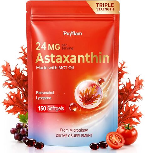 Astaxanthin 24mg with Resveratrol & Lycopene, 3-in-1 Liposome Antioxidant Complex with MCT Oil for Skin, Eye, Heart, Immune & Healthy Aging Support | Non-GMO, Gluten Free,No Soy-150 Softgels in Saudi Arabia