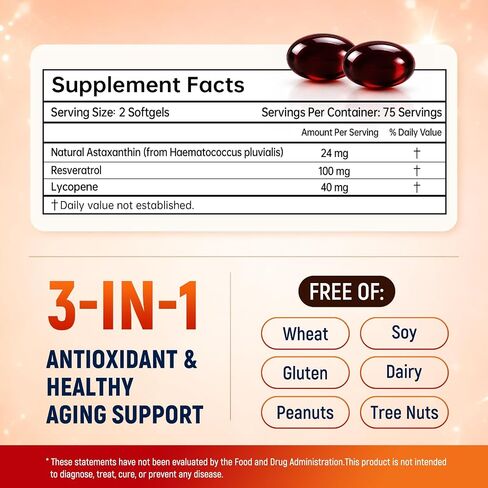 Astaxanthin 24mg with Resveratrol & Lycopene, 3-in-1 Liposome Antioxidant Complex with MCT Oil for Skin, Eye, Heart, Immune & Healthy Aging Support | Non-GMO, Gluten Free,No Soy-150 Softgels in Saudi Arabia