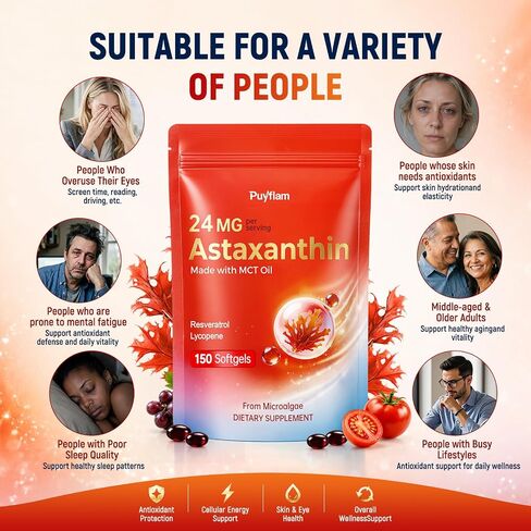 Astaxanthin 24mg with Resveratrol & Lycopene, 3-in-1 Liposome Antioxidant Complex with MCT Oil for Skin, Eye, Heart, Immune & Healthy Aging Support | Non-GMO, Gluten Free,No Soy-150 Softgels in Saudi Arabia