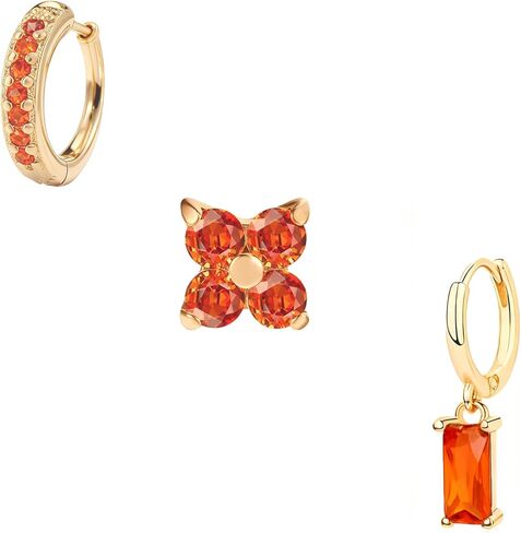 3Pcs Orange Gold Huggies Earrings Square Flower Rhinestone Fall Single Mix Match Stacks Earrings For Women Non Tarnish Mini Hoop Studs Dainty Earring Sets Thanksgiving Birthday Trendy Jewelry Gift in Saudi Arabia
