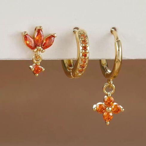3Pcs Orange Gold Huggies Earrings Square Flower Rhinestone Fall Single Mix Match Stacks Earrings For Women Non Tarnish Mini Hoop Studs Dainty Earring Sets Thanksgiving Birthday Trendy Jewelry Gift in Saudi Arabia