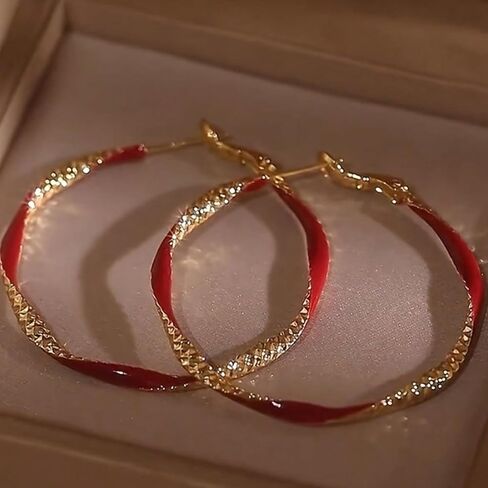 Red and Gold Hoop Earrings for Women - Fashionable Red Statement Aretes Rojos para Mujer, Alloy Hoop Earrings for Parties Dates Social Events Casual Vacations in Saudi Arabia