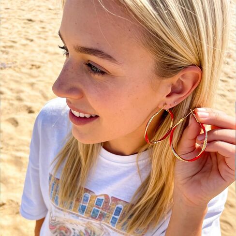Red and Gold Hoop Earrings for Women - Fashionable Red Statement Aretes Rojos para Mujer, Alloy Hoop Earrings for Parties Dates Social Events Casual Vacations in Saudi Arabia