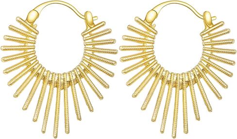 Hecila Gold Earrings for Women Statement Golden Fan Shaped Hoop Earrings Sunburst-Style Hinged Hoop Earring 14K Gold Plated Trendy Non Tarnish Chunky Textured Huggie Earring Jewelry Gift Everyday Use in Saudi Arabia