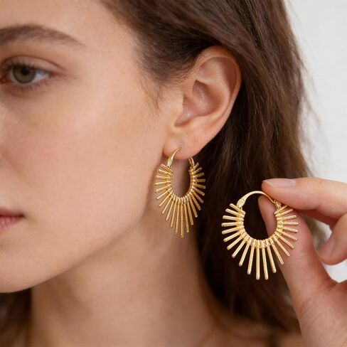 Hecila Gold Earrings for Women Statement Golden Fan Shaped Hoop Earrings Sunburst-Style Hinged Hoop Earring 14K Gold Plated Trendy Non Tarnish Chunky Textured Huggie Earring Jewelry Gift Everyday Use in Saudi Arabia