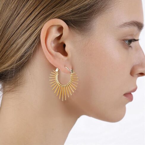 Hecila Gold Earrings for Women Statement Golden Fan Shaped Hoop Earrings Sunburst-Style Hinged Hoop Earring 14K Gold Plated Trendy Non Tarnish Chunky Textured Huggie Earring Jewelry Gift Everyday Use in Saudi Arabia