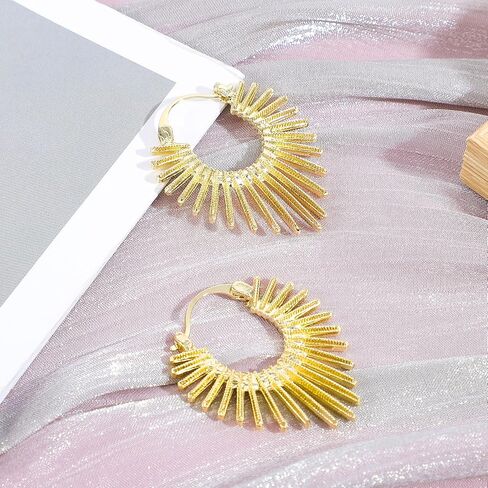 Hecila Gold Earrings for Women Statement Golden Fan Shaped Hoop Earrings Sunburst-Style Hinged Hoop Earring 14K Gold Plated Trendy Non Tarnish Chunky Textured Huggie Earring Jewelry Gift Everyday Use in Saudi Arabia