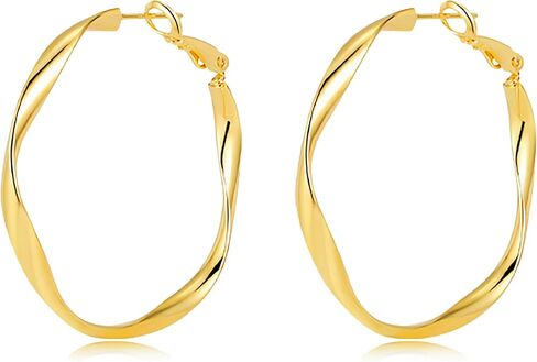 50mm Large Twisted Hoop Earrings, 18k Gold Plated with 925 Sterling Silver Posts, Trendy Statement Circle Hoops, Lightweight Dainty Jewelry for Women in Saudi Arabia