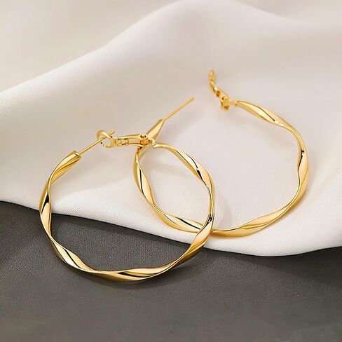 50mm Large Twisted Hoop Earrings, 18k Gold Plated with 925 Sterling Silver Posts, Trendy Statement Circle Hoops, Lightweight Dainty Jewelry for Women in Saudi Arabia