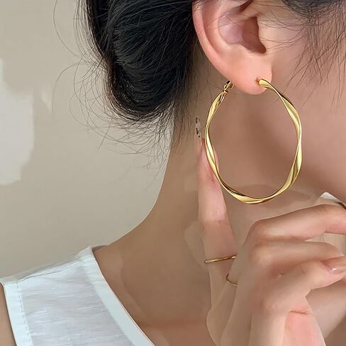 50mm Large Twisted Hoop Earrings, 18k Gold Plated with 925 Sterling Silver Posts, Trendy Statement Circle Hoops, Lightweight Dainty Jewelry for Women in Saudi Arabia