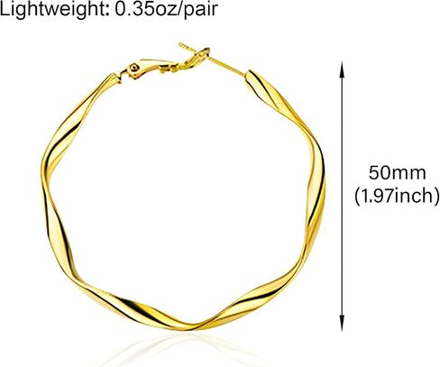50mm Large Twisted Hoop Earrings, 18k Gold Plated with 925 Sterling Silver Posts, Trendy Statement Circle Hoops, Lightweight Dainty Jewelry for Women in Saudi Arabia