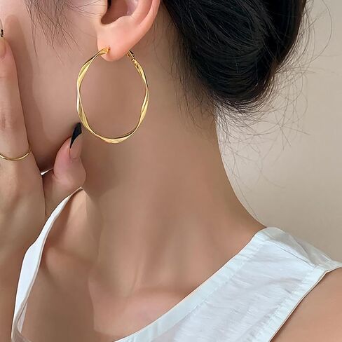 50mm Large Twisted Hoop Earrings, 18k Gold Plated with 925 Sterling Silver Posts, Trendy Statement Circle Hoops, Lightweight Dainty Jewelry for Women in Saudi Arabia