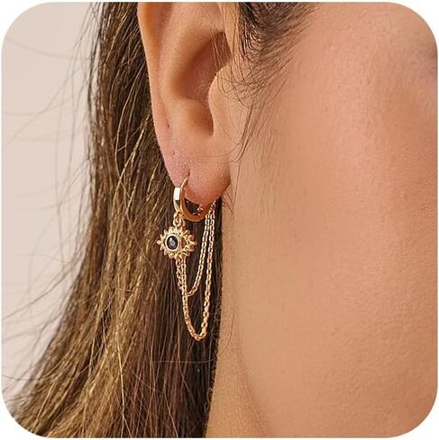 أقراط متدلية للنساء من Dainty CZ Triple Huggie حلق مسمار عصري مشبك ورق زهرة عين الشر متدلية حلق هيبوالرجينيك بيان قطرة Huggie أقراط للنساء مجوهرات ذهبية in Kuwait