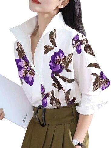 UOOZEE Women Button Shirts Office Drop Shoulder Oversized Blouse Roll up Half Sleeve Boyfriend Dress Shirt in Saudi Arabia