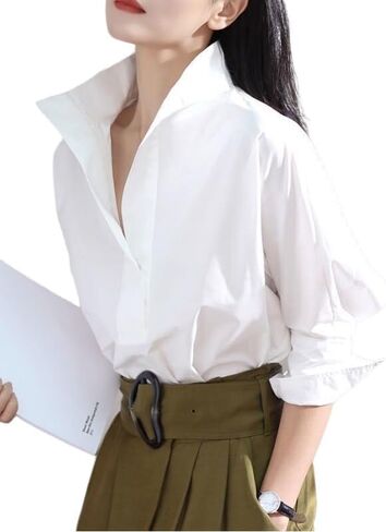 UOOZEE Women Button Shirts Office Drop Shoulder Oversized Blouse Roll up Half Sleeve Boyfriend Dress Shirt in Saudi Arabia