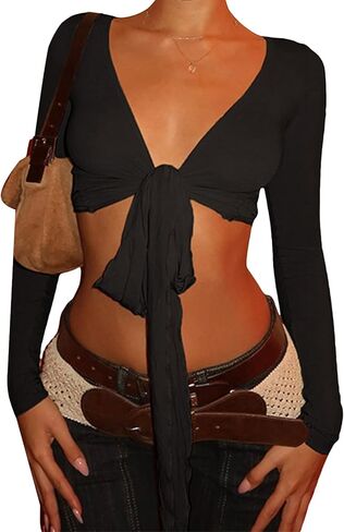 Womens Deep V Neck Front Tie Crop Top Long Sleeve Slim Fit Y2K Ruched Wrap Cropped Blouse Going Out Casual Shirt in Saudi Arabia