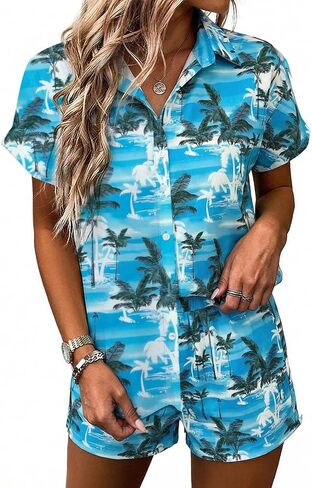 ALLTB Women's 2 Piece Outfits Hawaiian Tropical Print Open Front Button Down Short Sleeve Shirts Beach Boho Style Shorts Set in Saudi Arabia