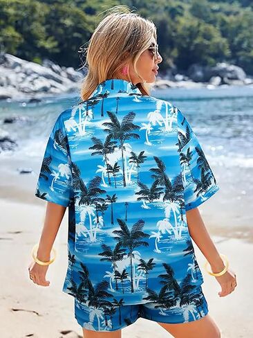 ALLTB Women's 2 Piece Outfits Hawaiian Tropical Print Open Front Button Down Short Sleeve Shirts Beach Boho Style Shorts Set in Saudi Arabia