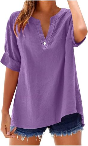 Linen Shirts for Women Plus Size Short Sleeve Button Down Blouses 2026 Summer Casual Loose Comfy Cotton Gauze Shirt in Kuwait