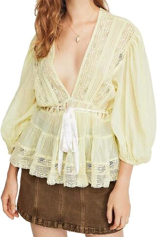 Women Y2K Lace Trim Boho Blouse Deep V Neck Puff Sleeve Tie Waist Ruffle Peplum Babydoll Top Coquette Going Out Top in Kuwait