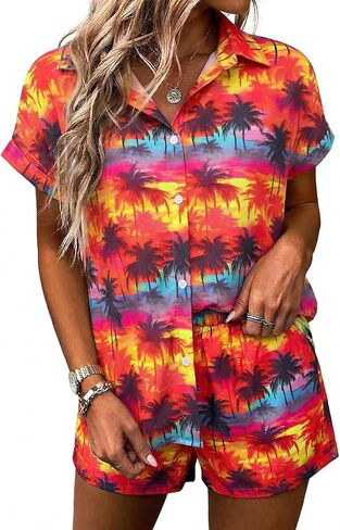 ALLTB Women's 2 Piece Outfits Hawaiian Tropical Print Open Front Button Down Short Sleeve Shirts Beach Boho Style Shorts Set in Saudi Arabia