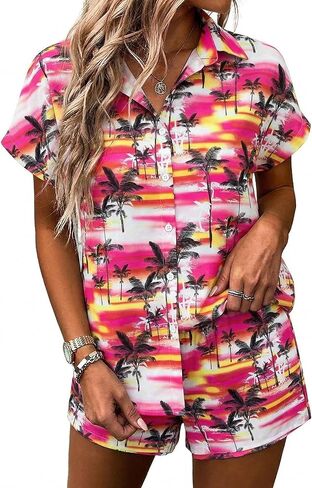 ALLTB Women's 2 Piece Outfits Hawaiian Tropical Print Open Front Button Down Short Sleeve Shirts Beach Boho Style Shorts Set in Saudi Arabia