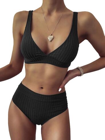 Verdusa Women's 2 Piece Ribbed Bikini Set Deep V Neck Swimsuits Beach Vacation Outfits in Kuwait
