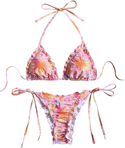 SHENHE Women's 2 Piece String Bikini Set Sun Cheetah Print Frilly Ruffle Triangle Halter Swimsuits in Kuwait