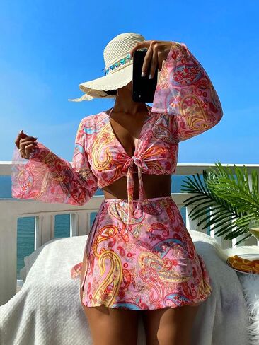 Womens 4 Piece Swimsuits Triangle Thong Bikini Sets Tie Front Kimono Cover Up Wrap Skirt Boho Bathing Suits in Kuwait