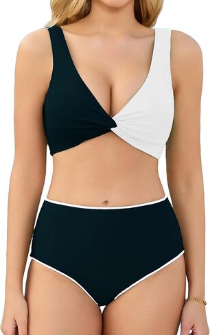 Women's 2 Piece Color Block Bikini Swimsuit, Deep V Twist Front High Waisted Reversible Bottom, Wide Straps in Saudi Arabia