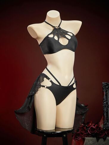 MEOWCOS Goth Bikini Swimsuit Gothic Spider Web Print Halter Bikini Set Bathing Suit for Beach Pool in Kuwait
