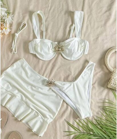 Women' s Underwire 3 Piece Swimsuits with Ruffle Swim Skirt Coverup V High Cut Bikini Metal Charm Bathing Suits in Kuwait