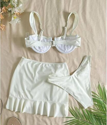Women' s Underwire 3 Piece Swimsuits with Ruffle Swim Skirt Coverup V High Cut Bikini Metal Charm Bathing Suits in Kuwait