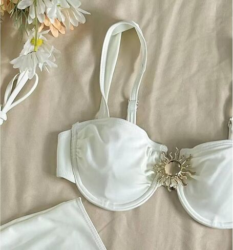 Women' s Underwire 3 Piece Swimsuits with Ruffle Swim Skirt Coverup V High Cut Bikini Metal Charm Bathing Suits in Kuwait