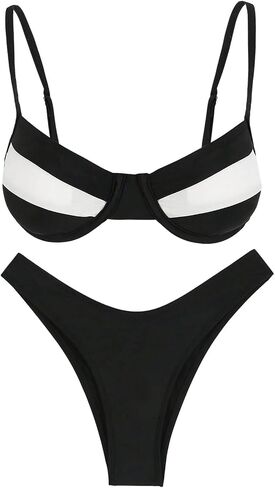 MakeMeChic Women's 2 Piece Bikini Sets Color Block Spaghetti Strap Cheeky Swimsuit Bathing Suit in Kuwait