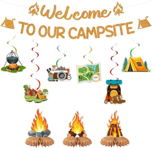 Camping Themed Party Decorations Banner - Glitter Welcome to Our Campsite Decoration with Banner Hanging Swirls Honeycomb, Camping Adventure Tent Campfire Party Supplies for Boys Girls Kids in Saudi Arabia